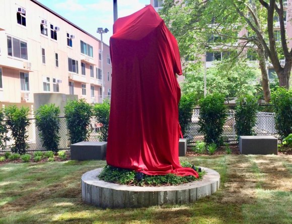 RIVAA/RIOC Add New Work To Island Art Trail On opening day, the plinth designed by Tad Sudol and the sculpture atop wait for the ceremony.